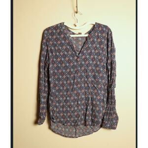 Eddie Bauer Blue Abstract Long Sleeve Tunic Top L Rayon Work Casual Blouse